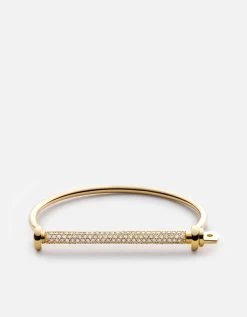 Thin Screw Cuff, 14k Gold Pavé Bar
