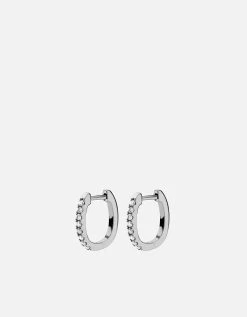 Linear Huggie Earrings, 14k White Gold Pavé